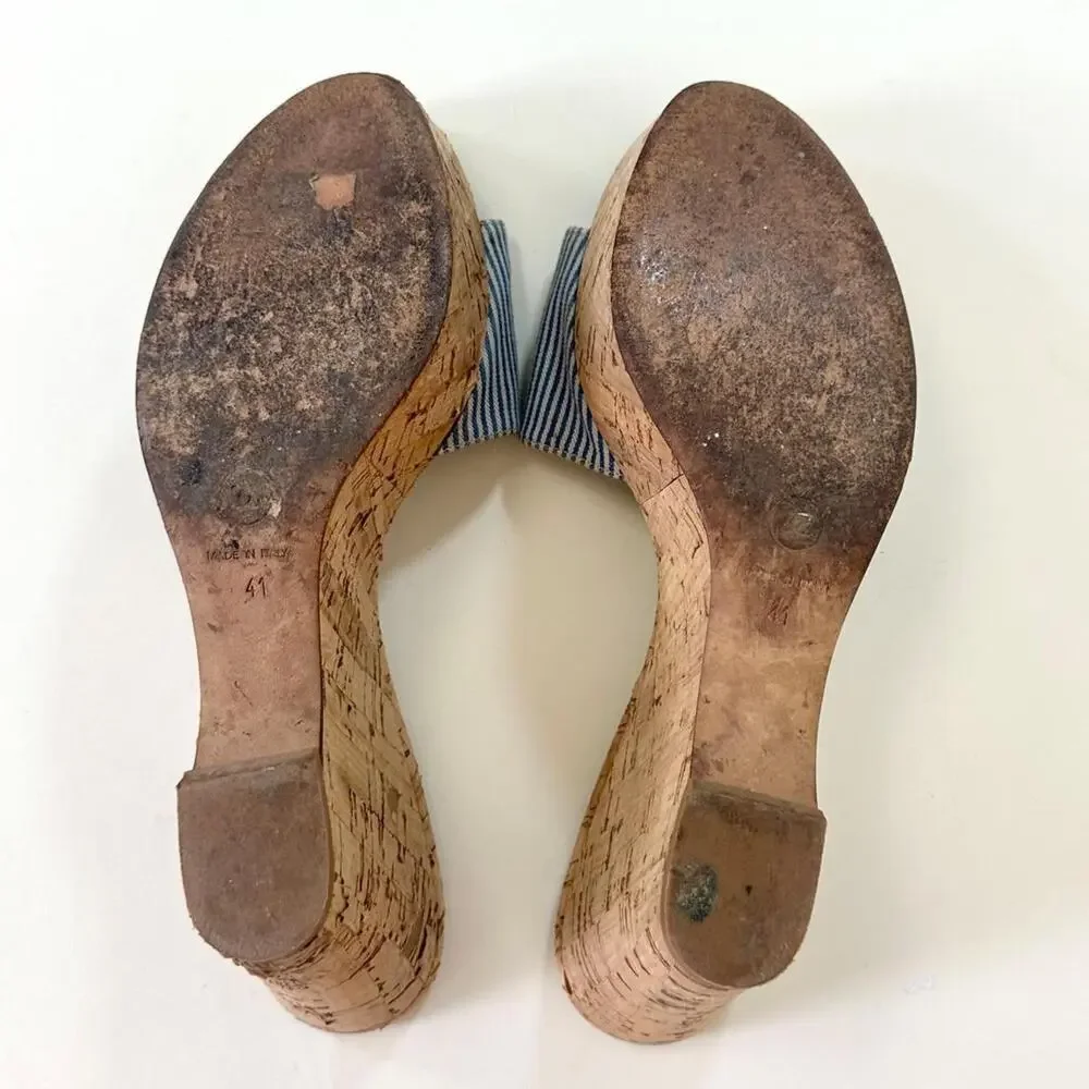 Y2k chanel cruise blue striped cork wedges